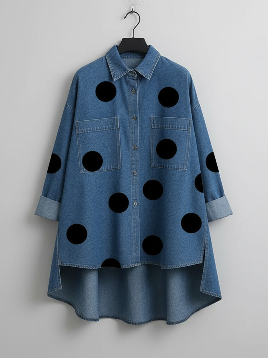 Printed Faux Denim Stand Collar Casual Shirt