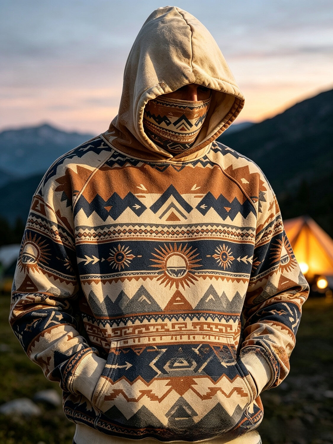 Men's outdoor plant-print pullover hooded sweatshirt with loose fit top body