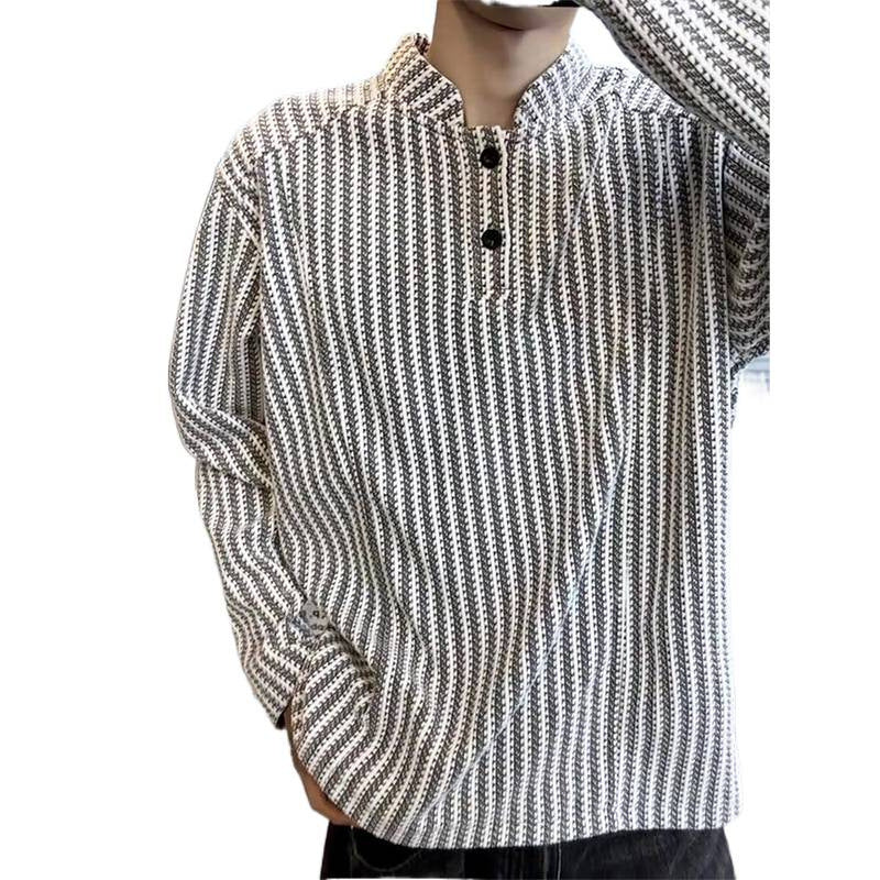 Fishbone Pattern American Henry Collar Long-Sleeved T-Shirt Men's Autum Design Stripesd Sweatshirt Small Fragrant Style Stand-Up Collar Jacket