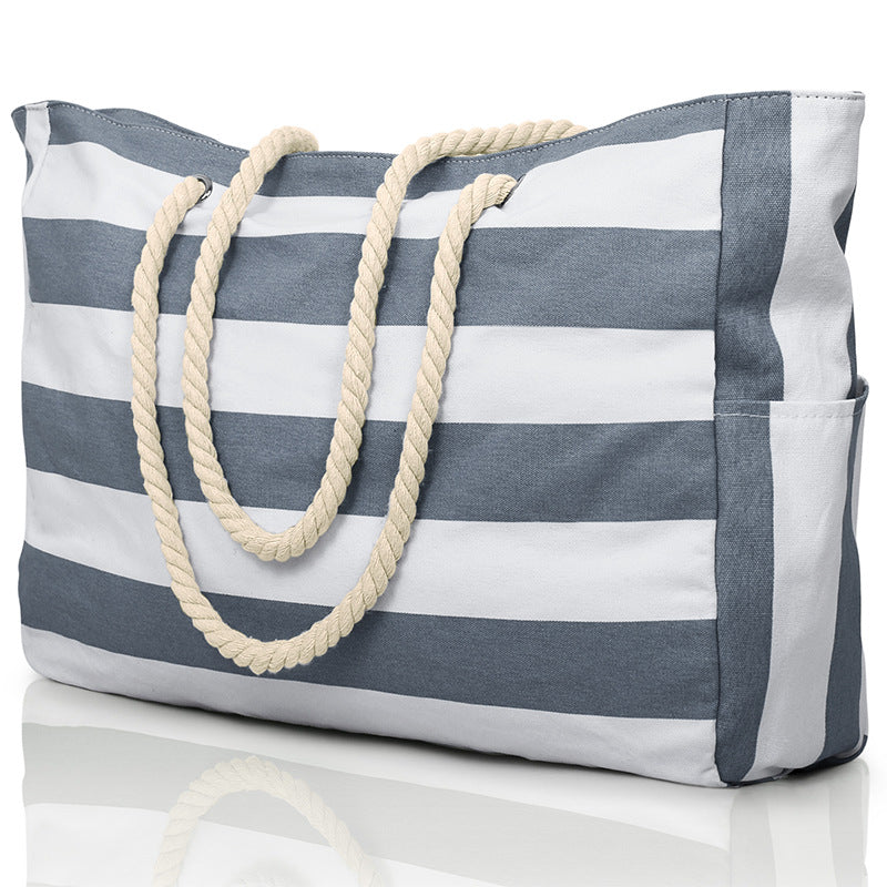 Customizable Name Striped Canvas Beach Bag
