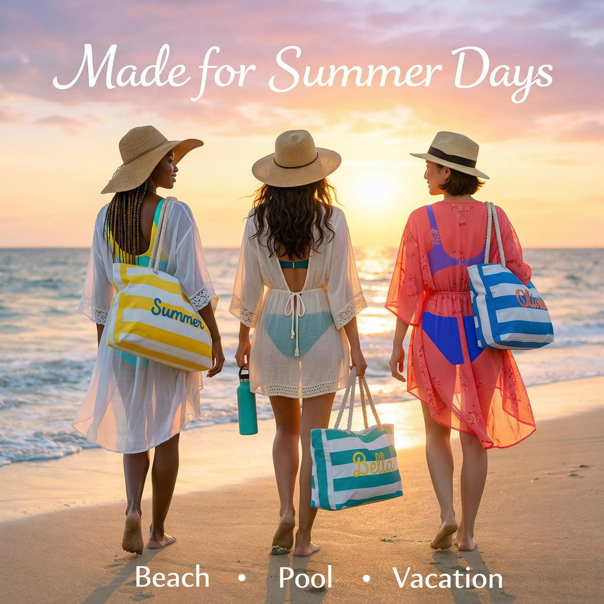 Customizable Name Striped Canvas Beach Bag