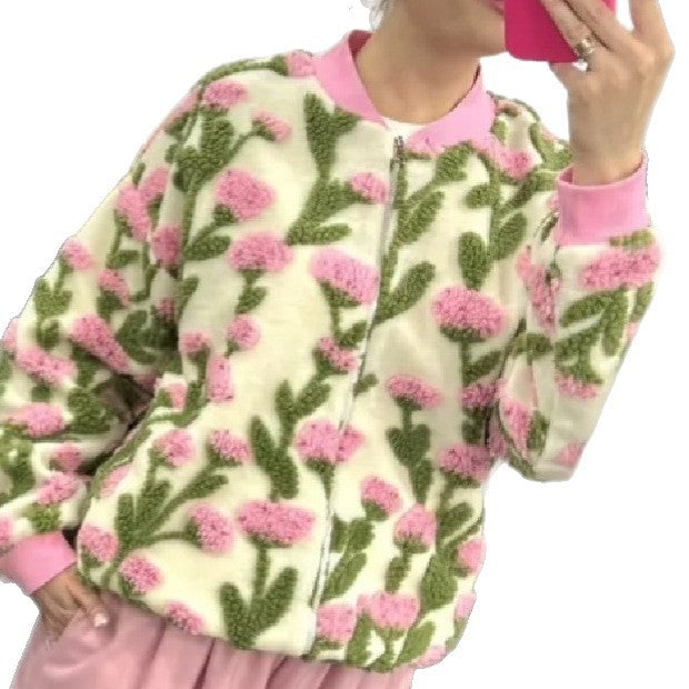 Women's floral color-block casual all-purpose zipper cardigan