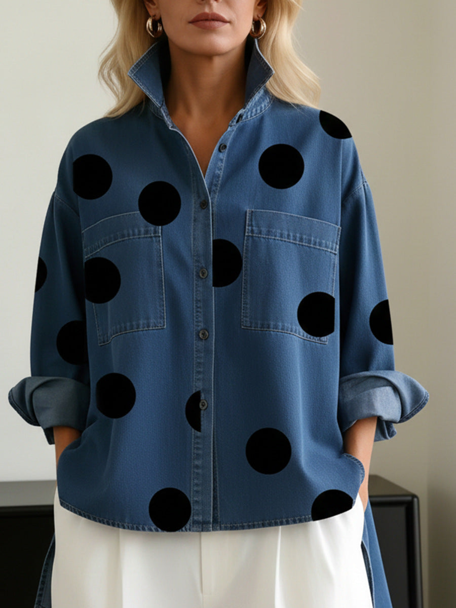 Printed Faux Denim Stand Collar Casual Shirt
