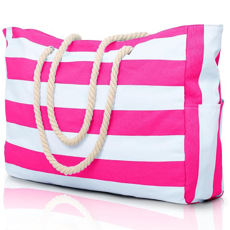 Customizable Name Striped Canvas Beach Bag