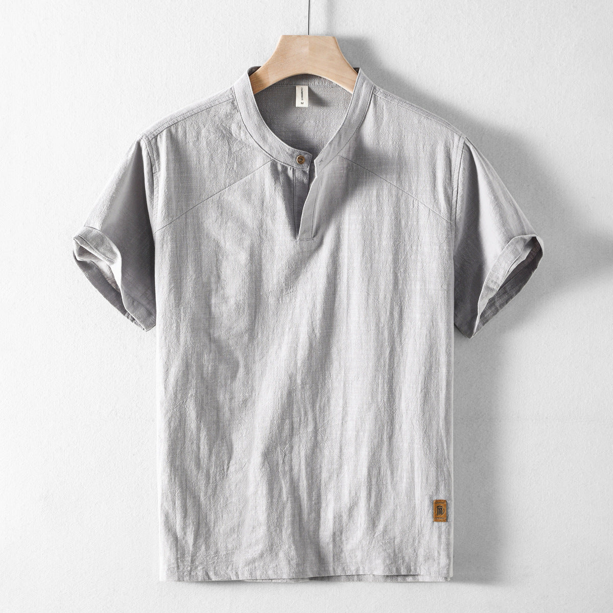 Men's Short-Sleeve Linen Stand Collar Shirt