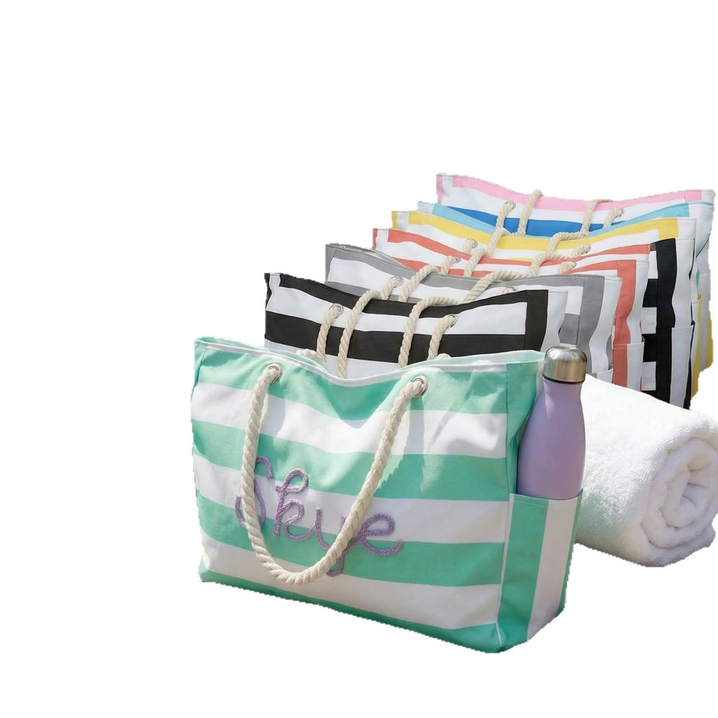 Customizable Name Striped Canvas Beach Bag