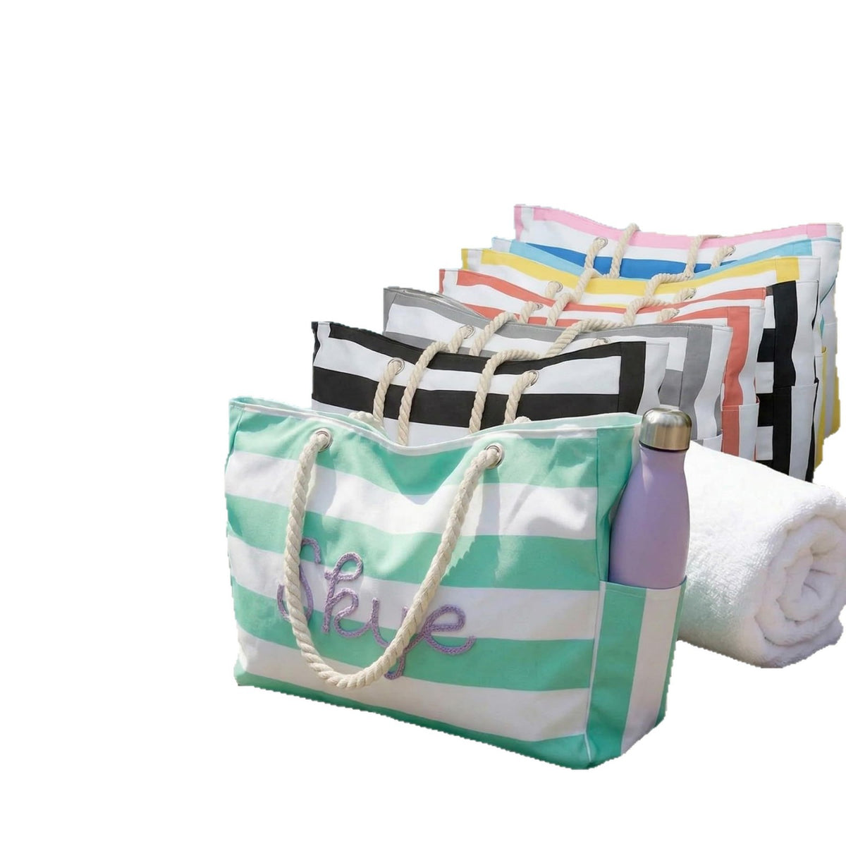 Customizable Name Striped Canvas Beach Bag