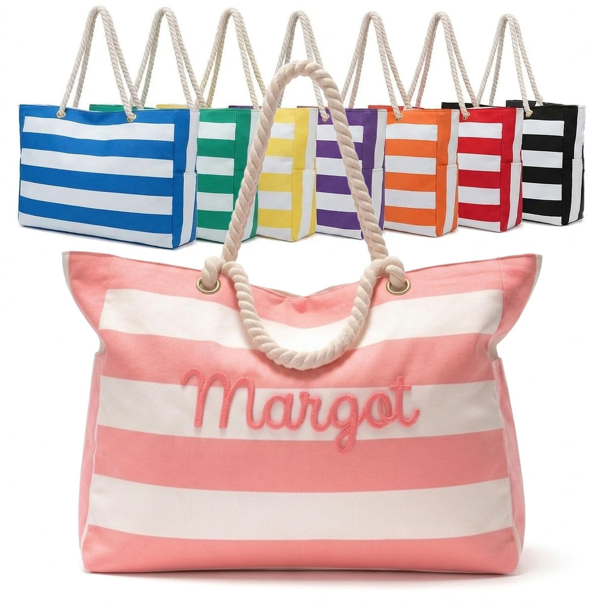 Customizable Name Striped Canvas Beach Bag