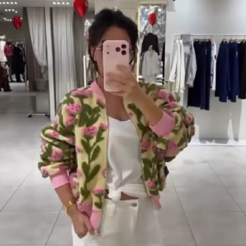 Women's floral color-block casual all-purpose zipper cardigan