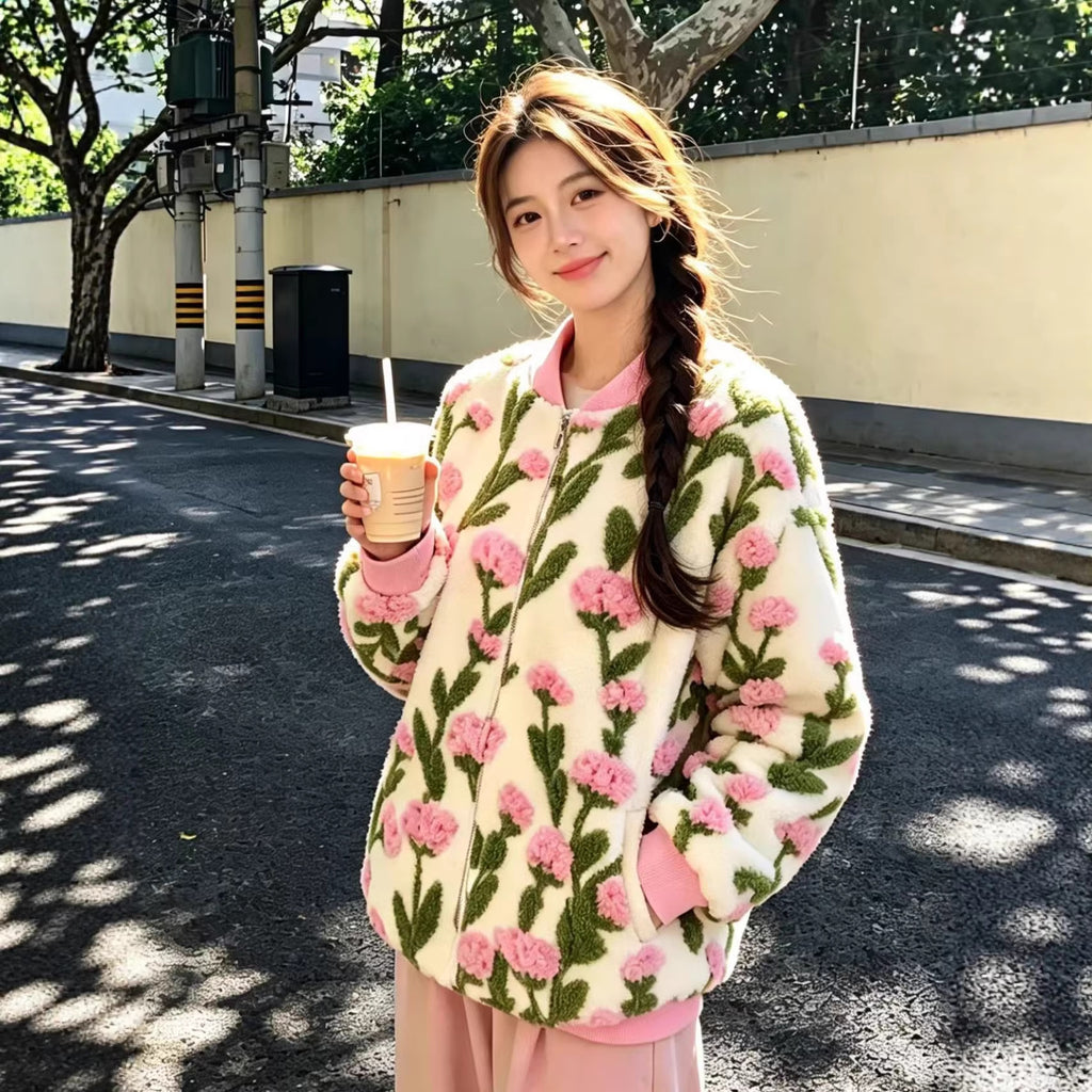 Women's floral color-block casual all-purpose zipper cardigan