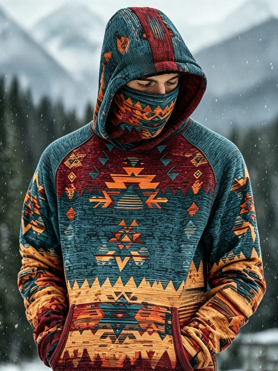 Men's outdoor plant-print pullover hooded sweatshirt with loose fit top body
