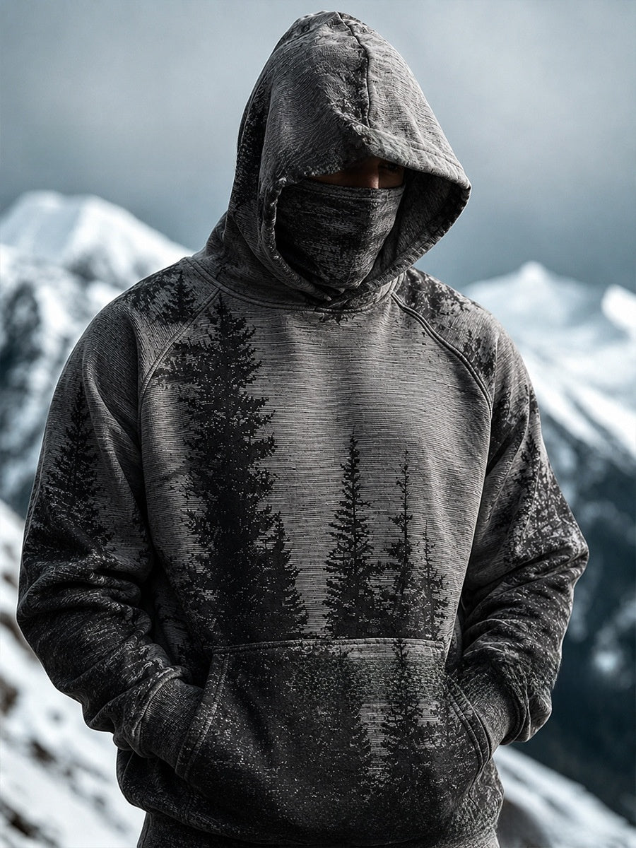 Men's outdoor plant-print pullover hooded sweatshirt with loose fit top body