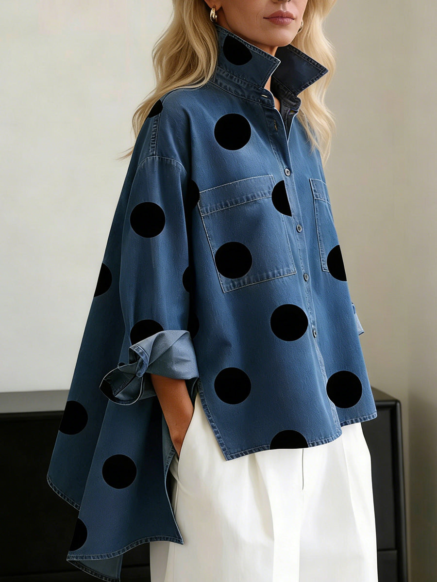 Printed Faux Denim Stand Collar Casual Shirt