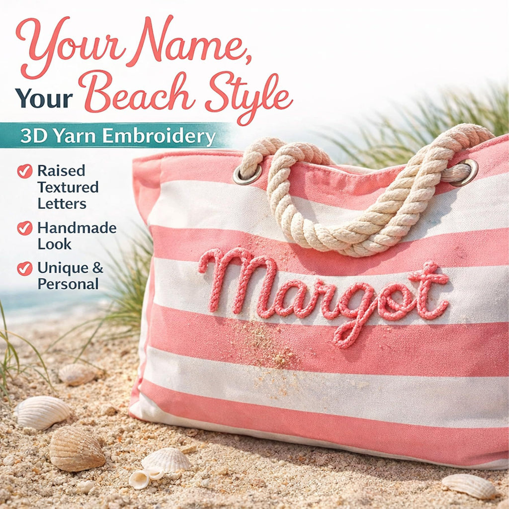 Customizable Name Striped Canvas Beach Bag