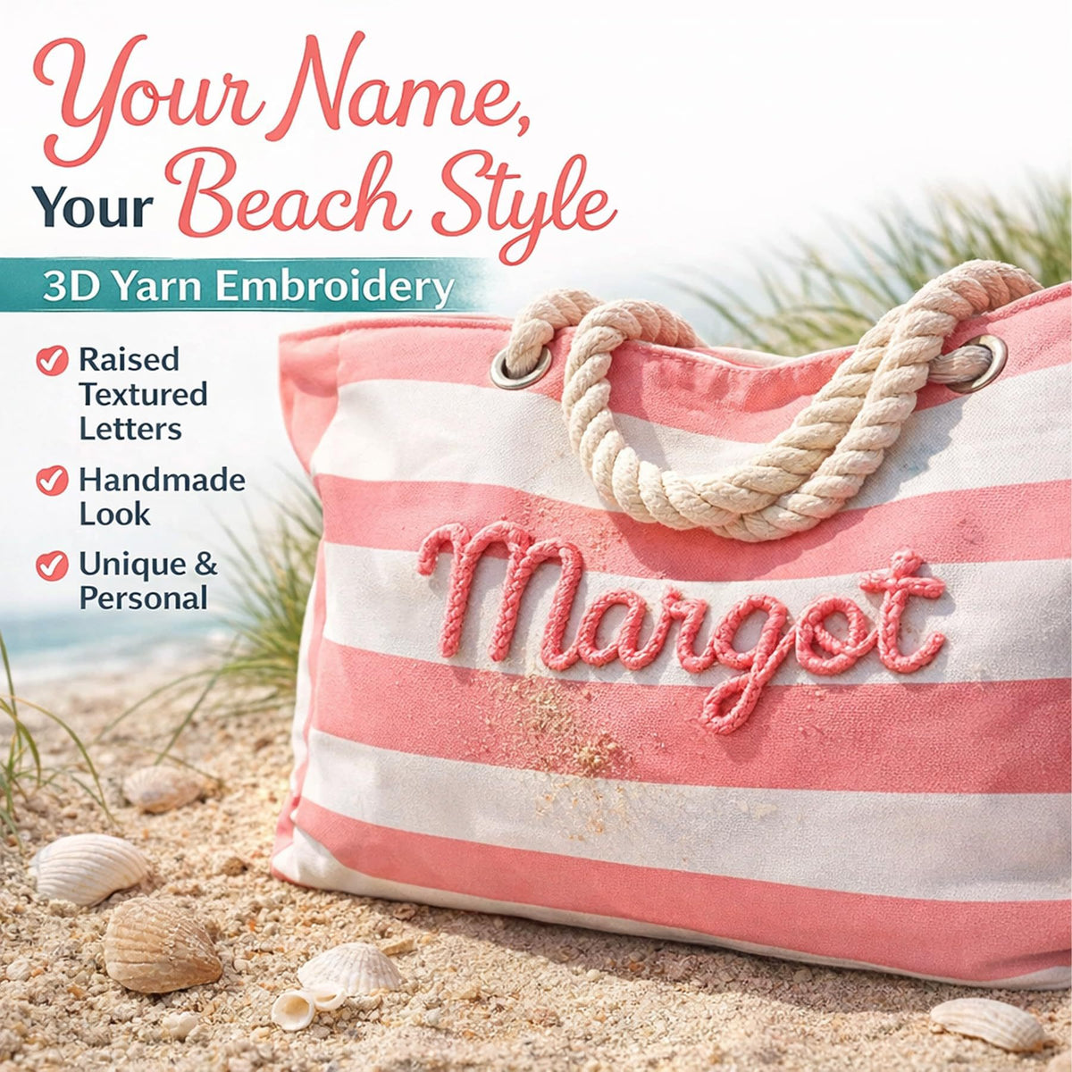 Customizable Name Striped Canvas Beach Bag