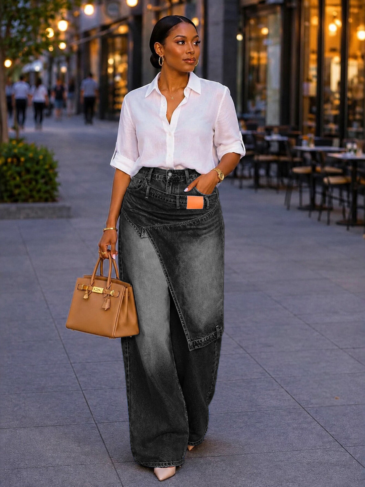 European and American style irregular-shaped denim wide-leg pants