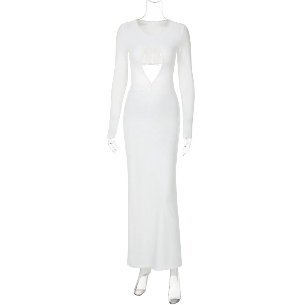 Women's Sexy Hollow Out White Long Sleeve Party Maxi Dress