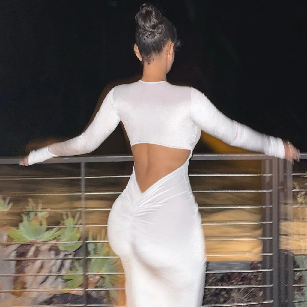 Women's Sexy Hollow Out White Long Sleeve Party Maxi Dress