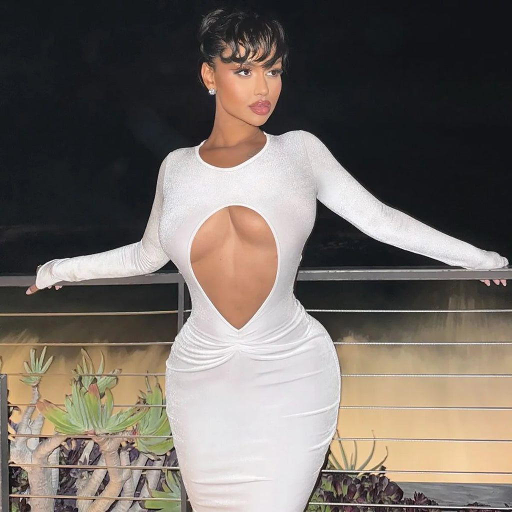 Women's Sexy Hollow Out White Long Sleeve Party Maxi Dress