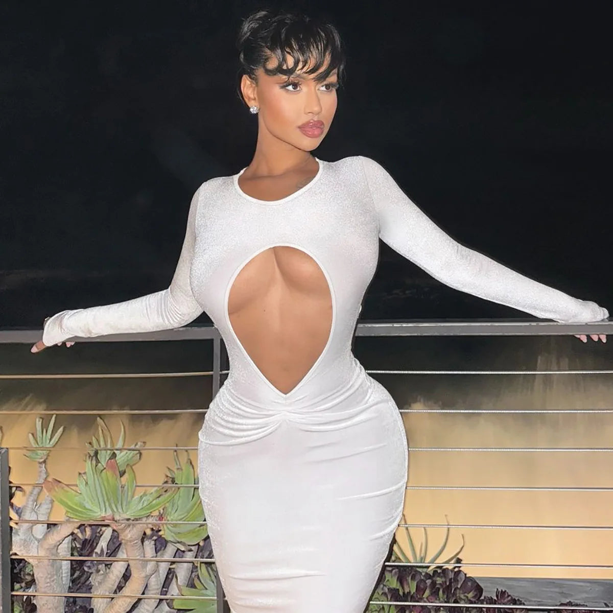 Women's Sexy Hollow Out White Long Sleeve Party Maxi Dress