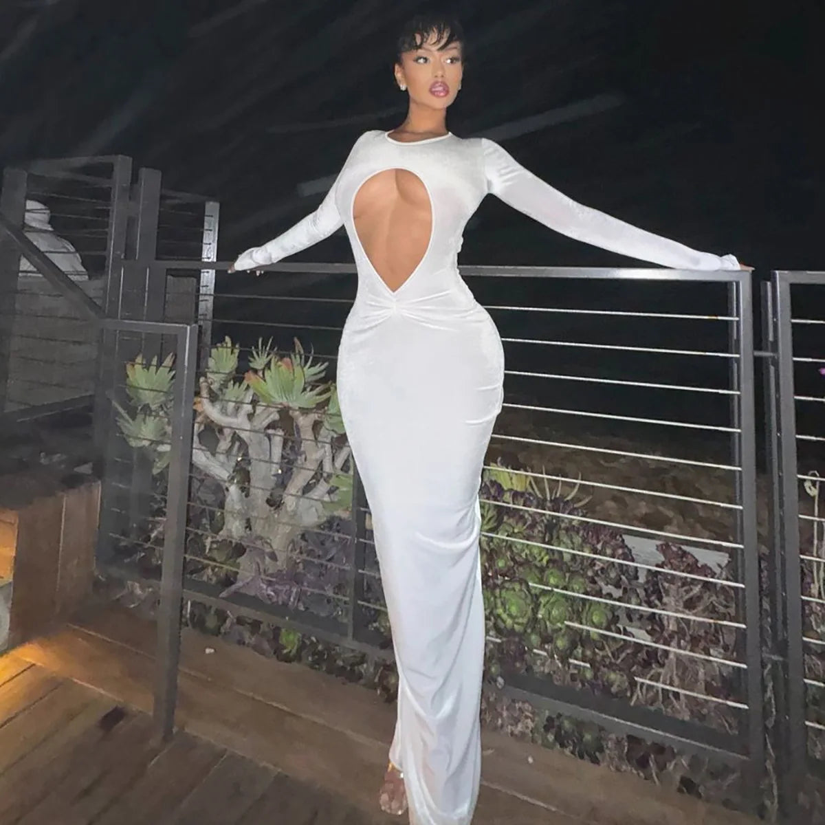 Women's Sexy Hollow Out White Long Sleeve Party Maxi Dress