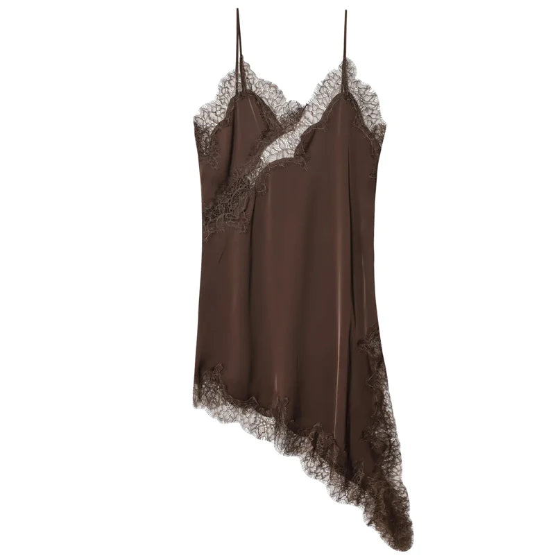 HXAO Women's Asymmetrical Lace Sleeveless Satin Slip Dress