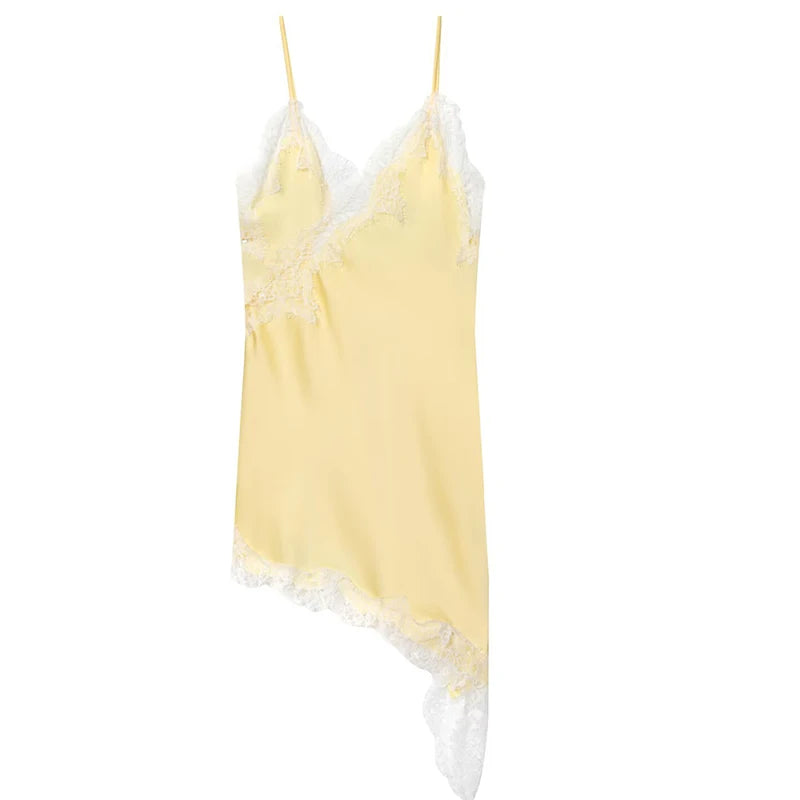 HXAO Women's Asymmetrical Lace Sleeveless Satin Slip Dress