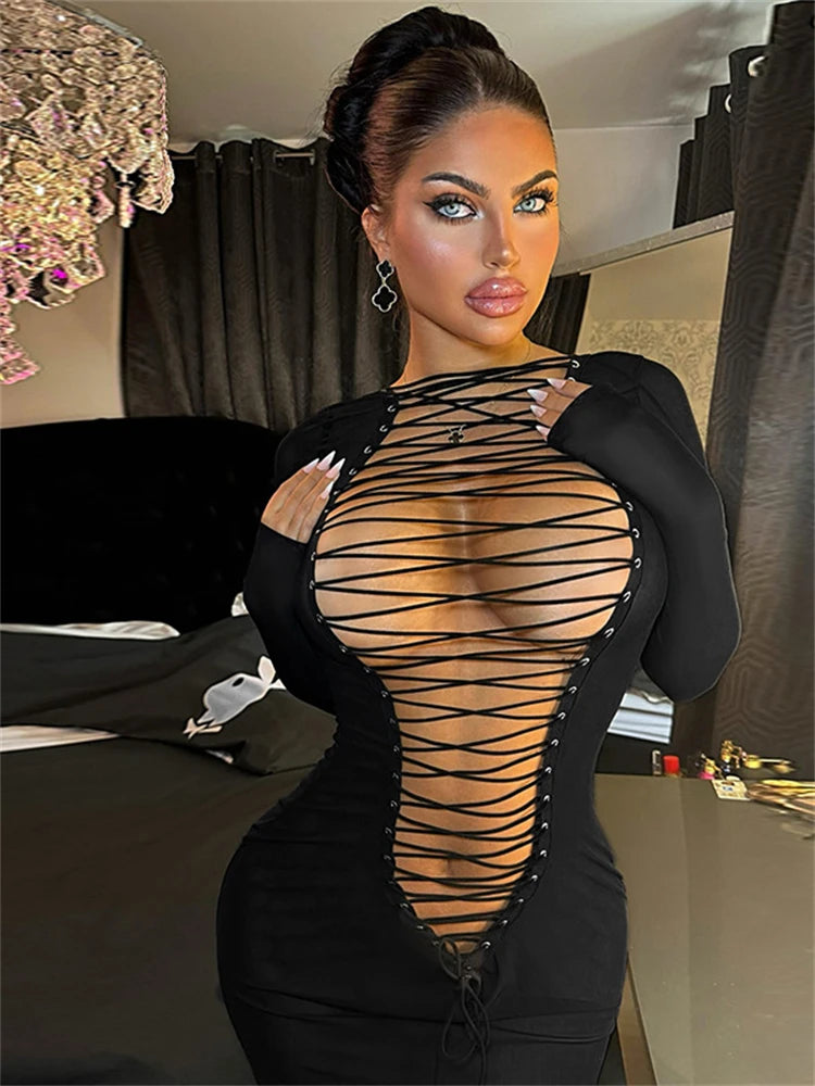 Ladies Autumn 2026 Stylish Long Dress For Women Long Sleeve Hollow Out Sexy Bodycon Maxi Dresses Date Night Clubwear Outfits New