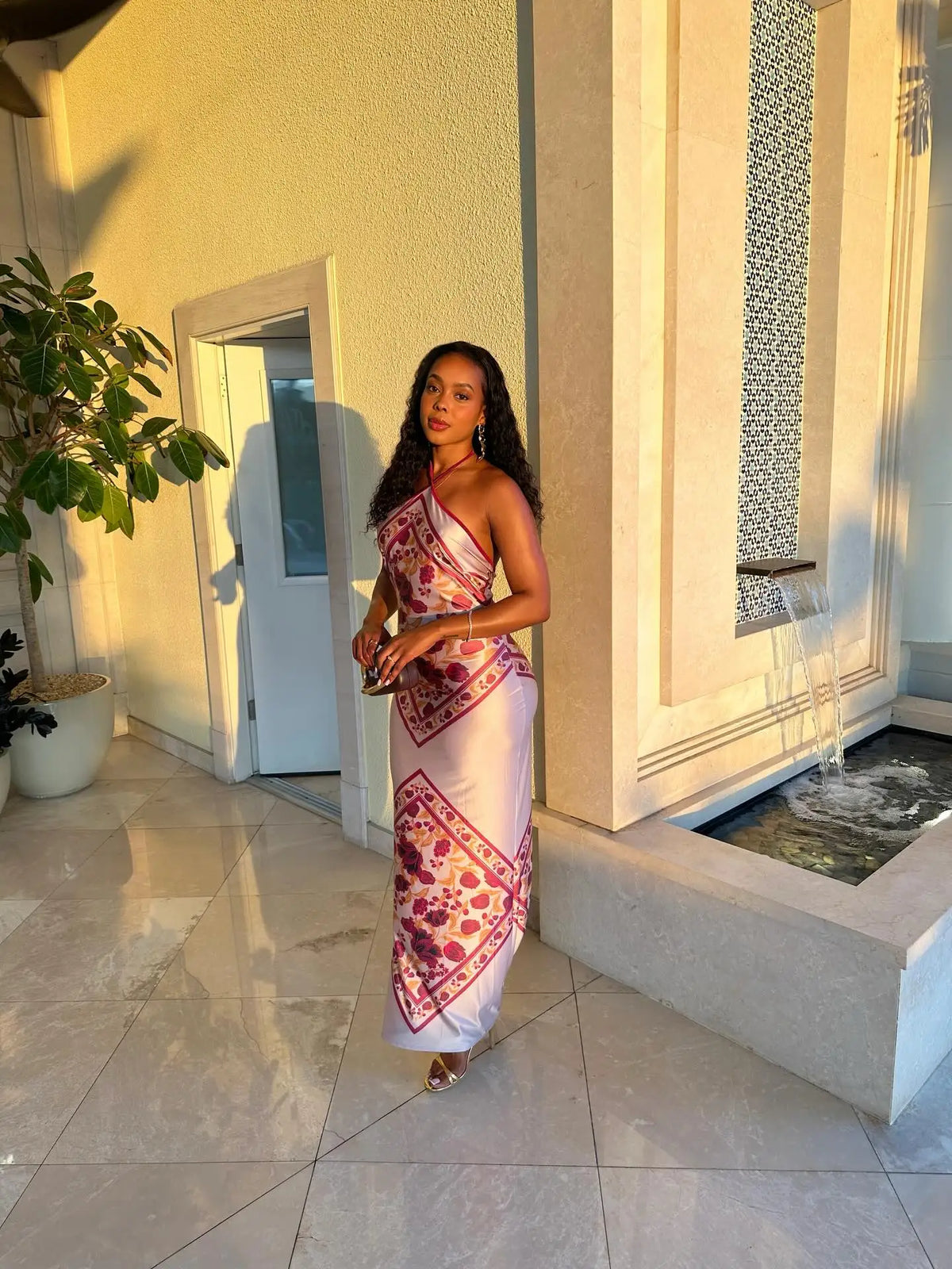 Floral Print Satin Bodycon Evening Dress