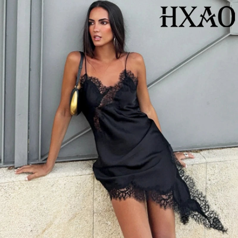 HXAO Women's Asymmetrical Lace Sleeveless Satin Slip Dress