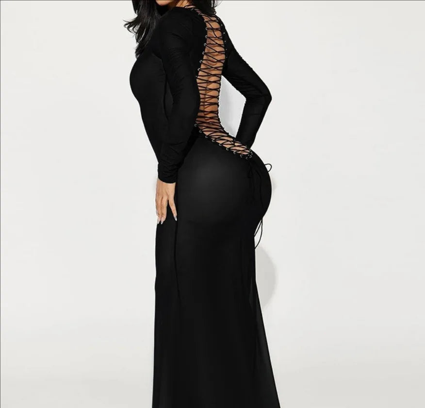 Women's Elegant Lace-up Long Sleeve Hollow Out Maxi Evening Dress