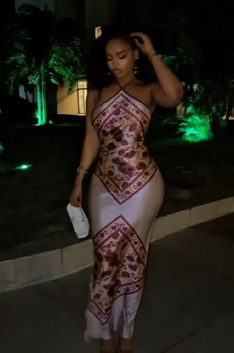 Floral Print Satin Bodycon Evening Dress