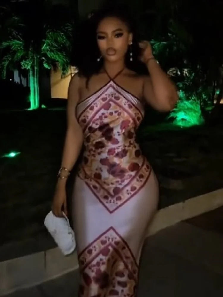 Floral Print Satin Bodycon Evening Dress