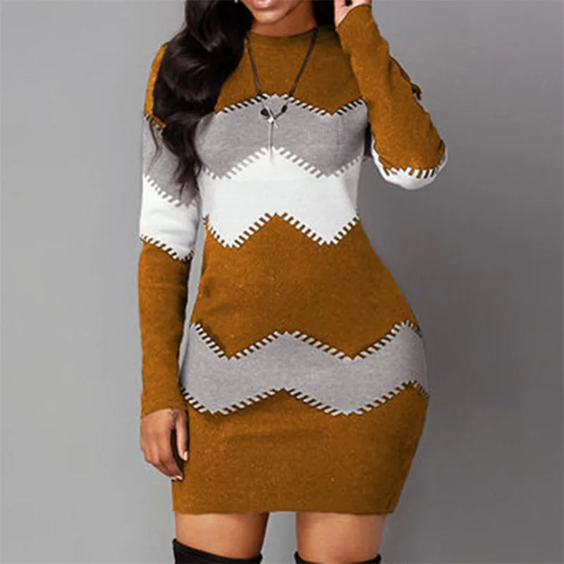 Women's Turtleneck Patchwork Rib Knit Long Sleeve Mini Sweater Dress