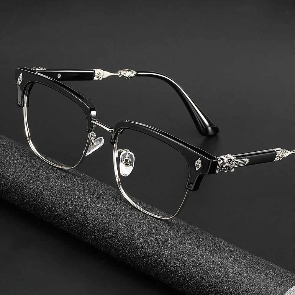 Vintage Cross Carving Glasses Men Women Luxury Half Frame Anti Blue Light Eyeglasses Retro Square Computer Eyewear
