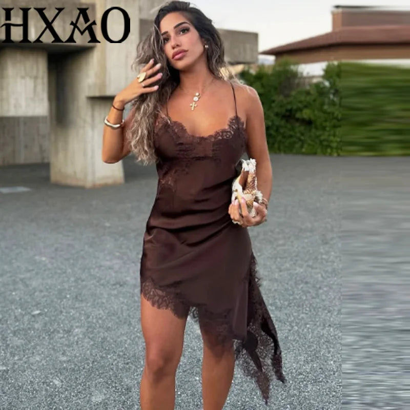 HXAO Women's Asymmetrical Lace Sleeveless Satin Slip Dress