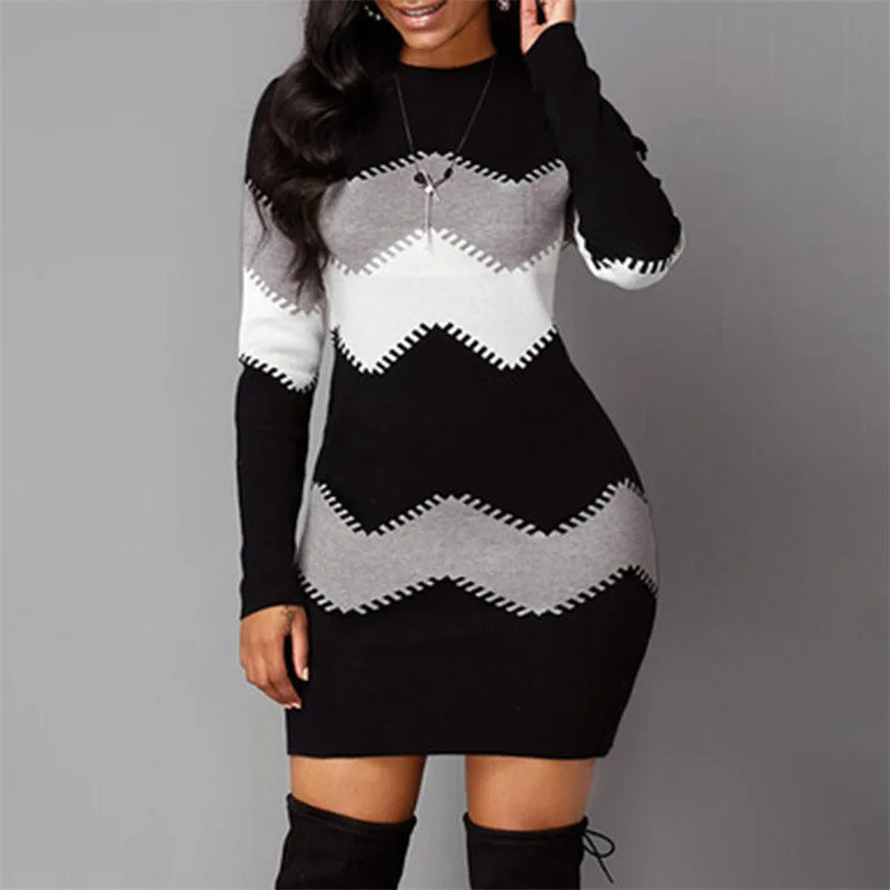 Women's Turtleneck Patchwork Rib Knit Long Sleeve Mini Sweater Dress