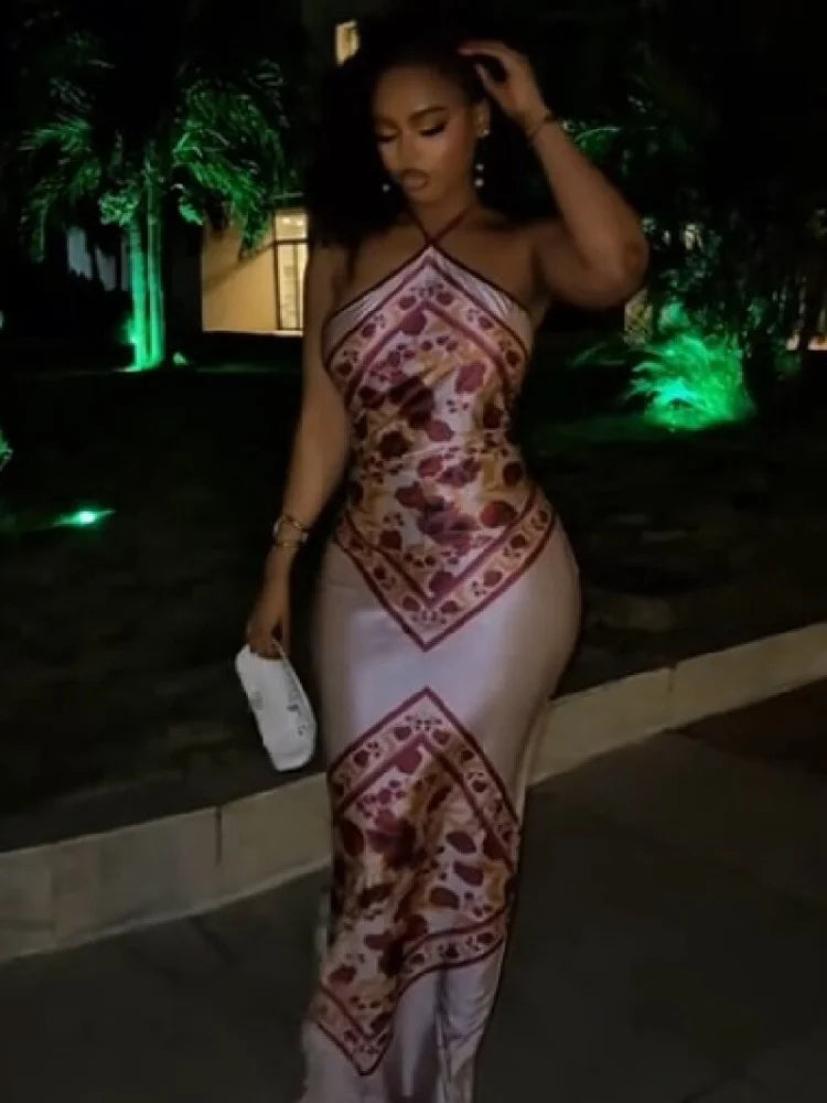 Floral Print Satin Bodycon Evening Dress