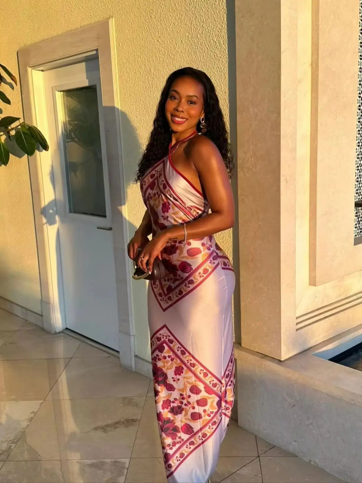 Floral Print Satin Bodycon Evening Dress