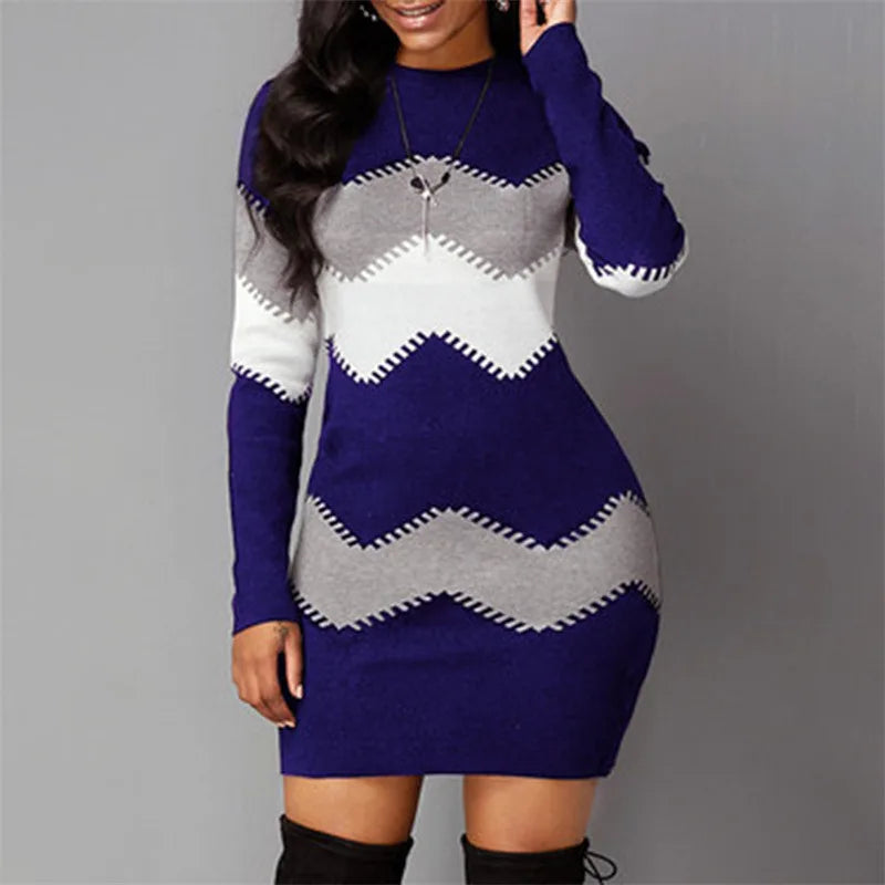 Women's Turtleneck Patchwork Rib Knit Long Sleeve Mini Sweater Dress