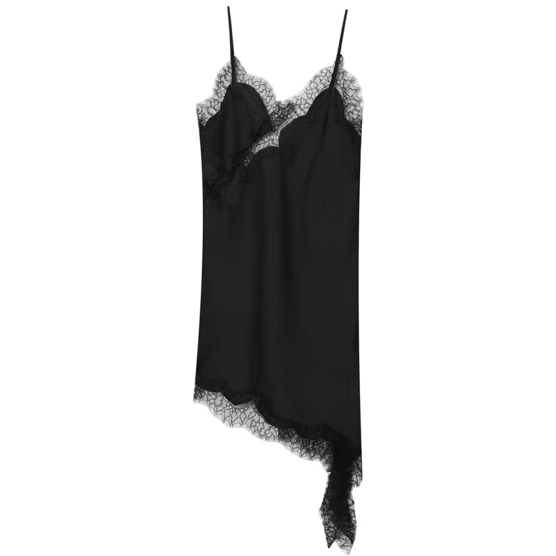 HXAO Women's Asymmetrical Lace Sleeveless Satin Slip Dress