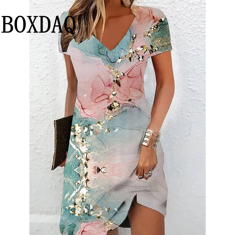 Women's V-Neck Tie Dye Gradient Midi A-Line Dress