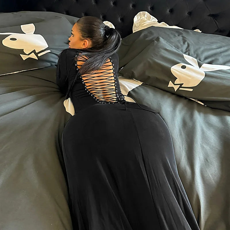 Women's Elegant Lace-up Long Sleeve Hollow Out Maxi Evening Dress