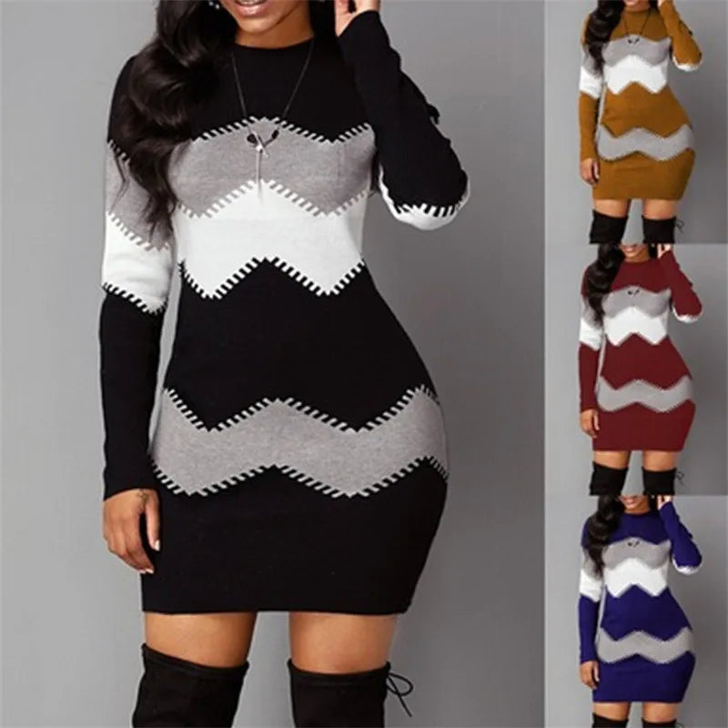 Women's Turtleneck Patchwork Rib Knit Long Sleeve Mini Sweater Dress