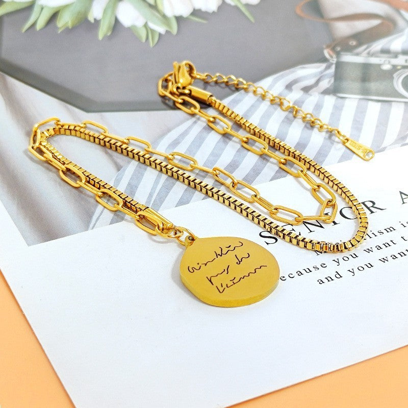 Retro Letter Round Pendant Titanium Steel Necklace