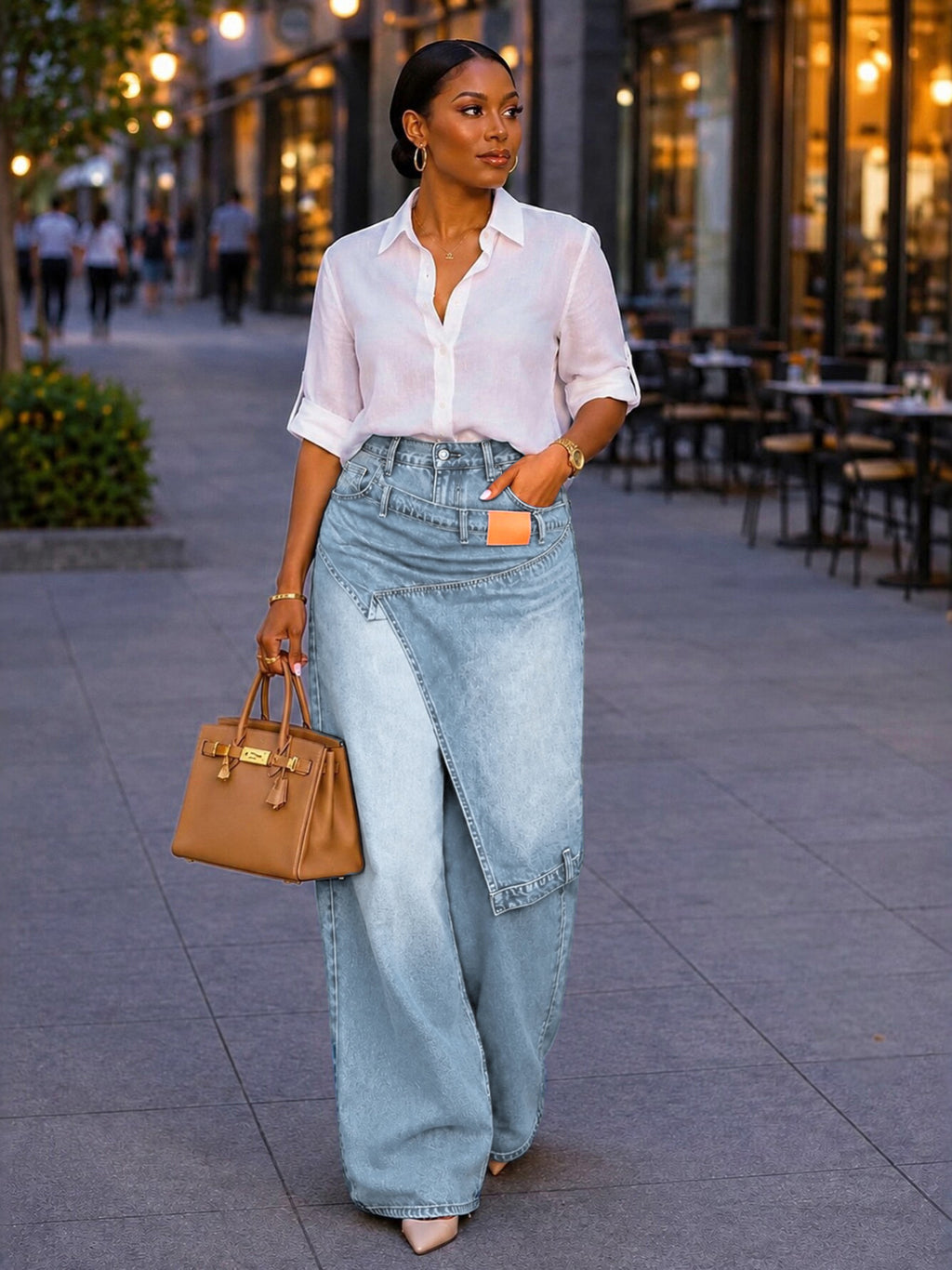 European and American style irregular-shaped denim wide-leg pants