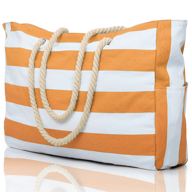 Customizable Name Striped Canvas Beach Bag