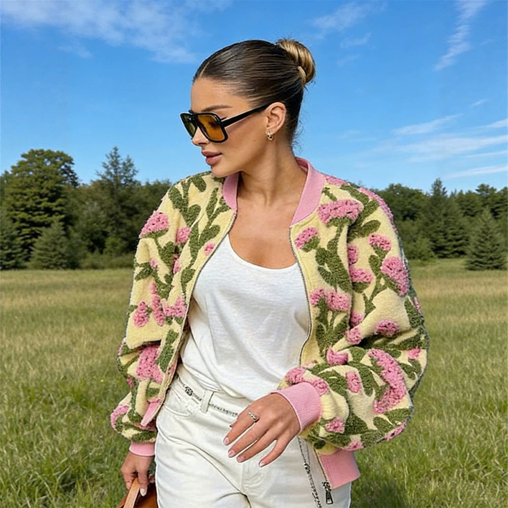 Women's floral color-block casual all-purpose zipper cardigan
