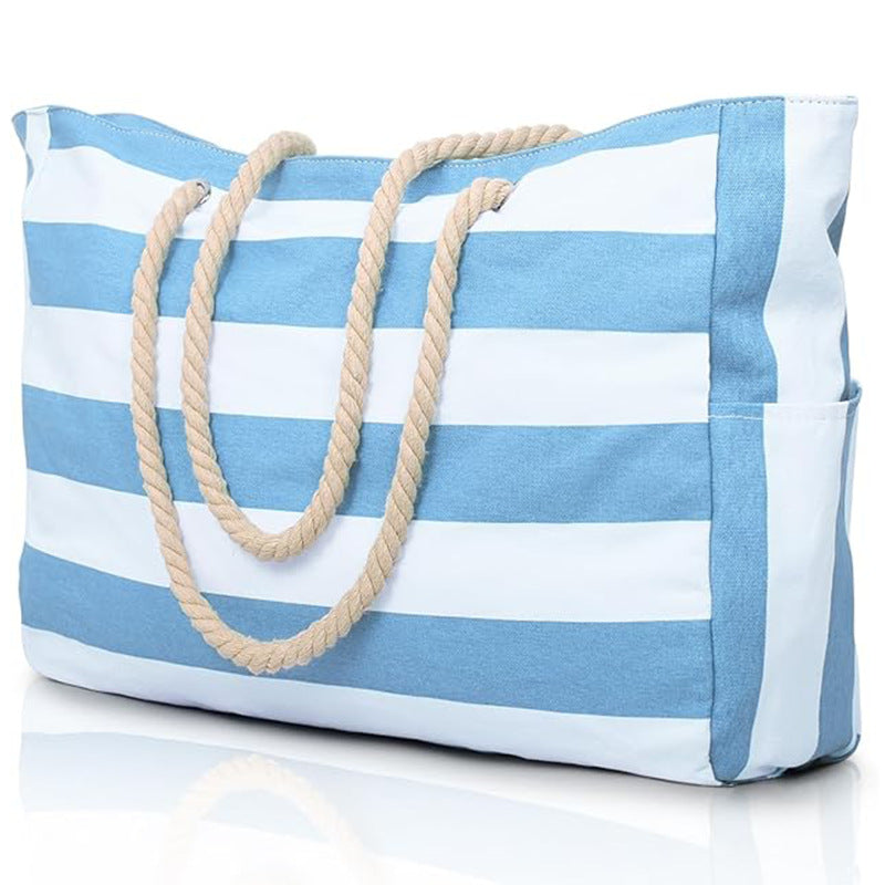 Customizable Name Striped Canvas Beach Bag