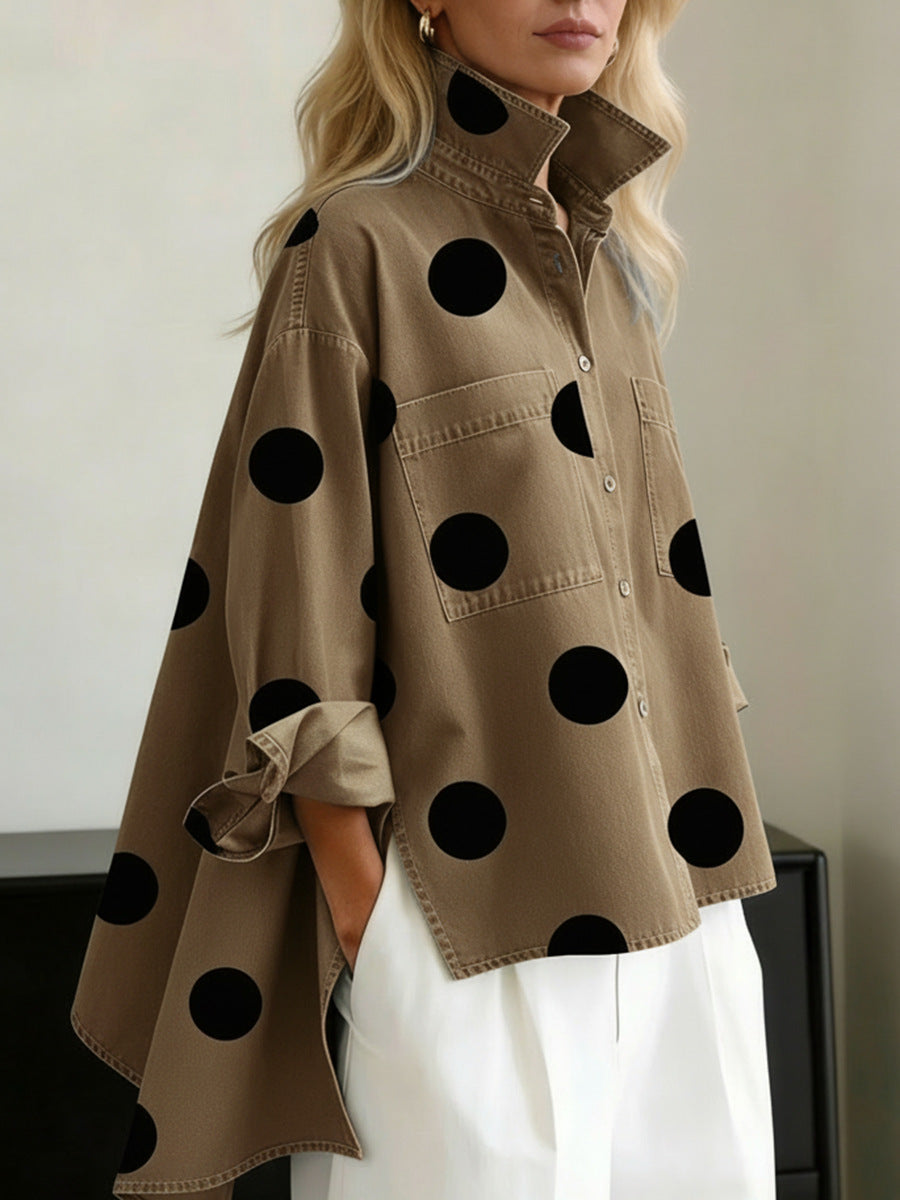 Printed Faux Denim Stand Collar Casual Shirt